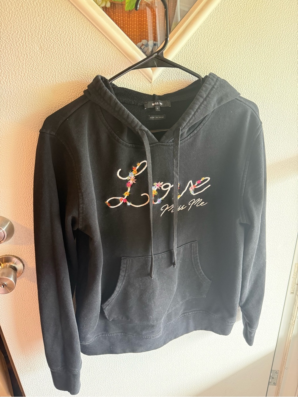 Miss Me Floral Embroidered "Love" Hoodie - Black - Size L